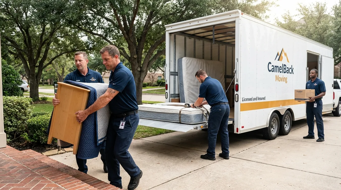 Crew loading residential truck for cross-state move from Fritch, TX