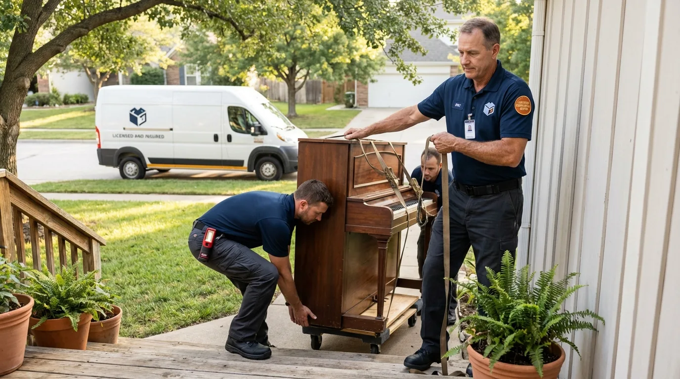 Licensed piano movers securing grand piano in Fritch, TX